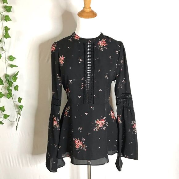 Show Me Your MuMu Lafayette Blouse XS NWT Black Red Cherry Blossom Bell Sleeve - Picture 2 of 16